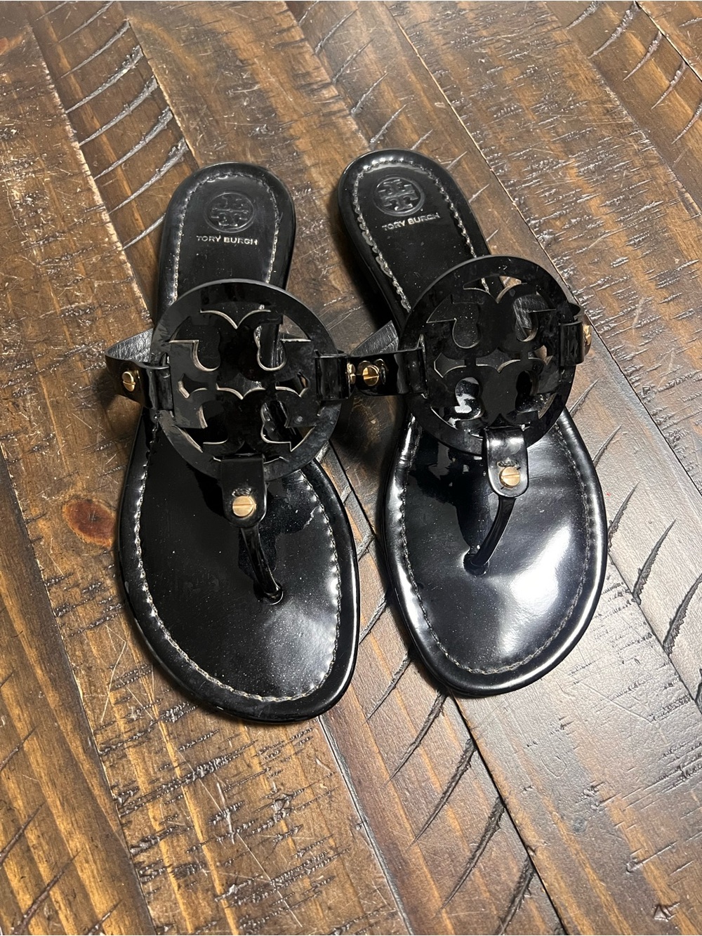 Tory Burch Black Patent Miller Logo Thong Sandals